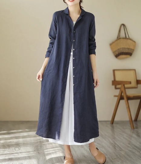 Women linen dress long sleeves maxi linen shirtdress plus size clothing spring oversized robes custom loose fitting coat boho clothing F416