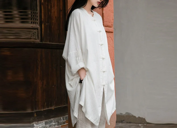 Women cotton linen shirt Retro buttoned long cotton tops N181