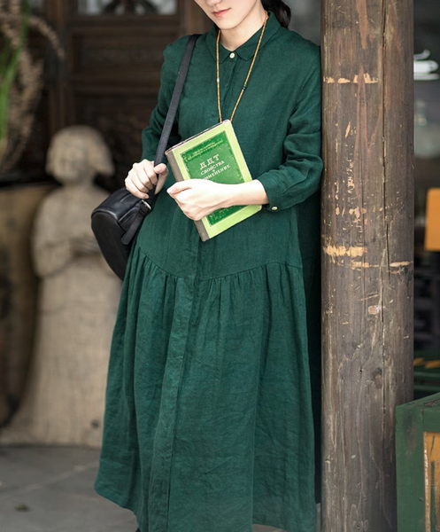 Women Linen Dress Midi linen dress Vintage green dress Spring dress Linen dress F44