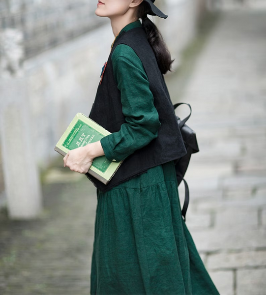 Women Linen Dress Midi linen dress Vintage green dress Spring dress Linen dress F44