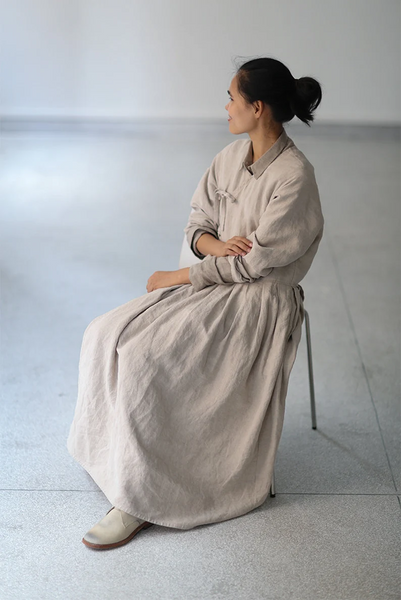 Women's linen dress long sleeves dress linen maxi dress oversized long dress long robe N144