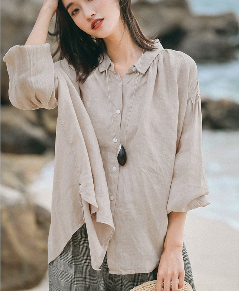 Linen shirt women, linen top long sleeves , linen shirt, loose linen b –  OversizeDress