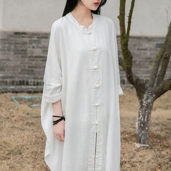 Women cotton linen shirt Retro buttoned long cotton tops N181