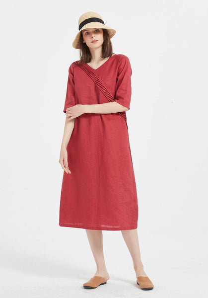 Plus size 100% pure Linen long sleeves V- neck midi dress X39