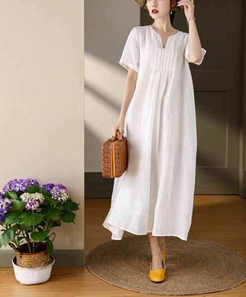 Linen maxi dress casual custom short sleeves midi pleated dress  F117