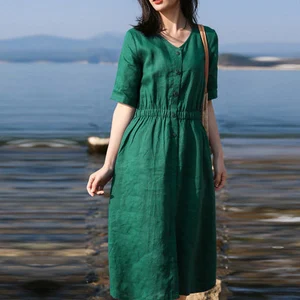 Linen Midi Dress, Half Sleeve Wrap Dress, Loose causal dress, Green linen dress for women, linen dress with Pockets, Plus size Clothing F277