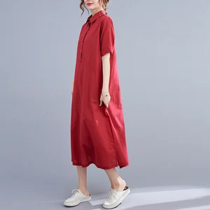 Short Sleeves Linen Shirt Dress Casual Loose Tunics Robes Midi Dresses Summer Spring Customized Oversized Dress Plus Size Clothing Boho F248