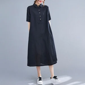 Short Sleeves Linen Shirt Dress Casual Loose Tunics Robes Midi Dresses Summer Spring Customized Oversized Dress Plus Size Clothing Boho F248