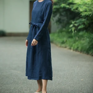 Linen Midi Dress 100% linen A line dress Long Sleeve Dress Loose causal dress linen dress for women Plus size Clothing F17