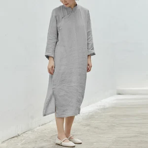 Linen Midi Dresses, Long sleeves dress, Casual dress, Loose linen dress, Linen dress for women, with Pockets, Plus size Clothing F128