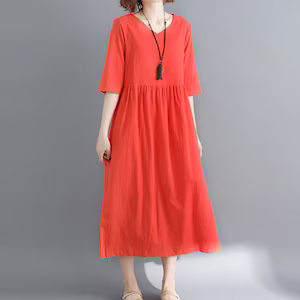 Linen dresses for women summer half sleeves midi tunic shift dress loose pleated dress with pockets oversized custom plus size clothing A244