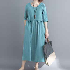 Linen dresses for women summer half sleeves midi tunic shift dress loose pleated dress with pockets oversized custom plus size clothing A244