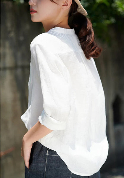 Women's linen tops long sleeved tops casual loose top 100%Linen top with pocket F19
