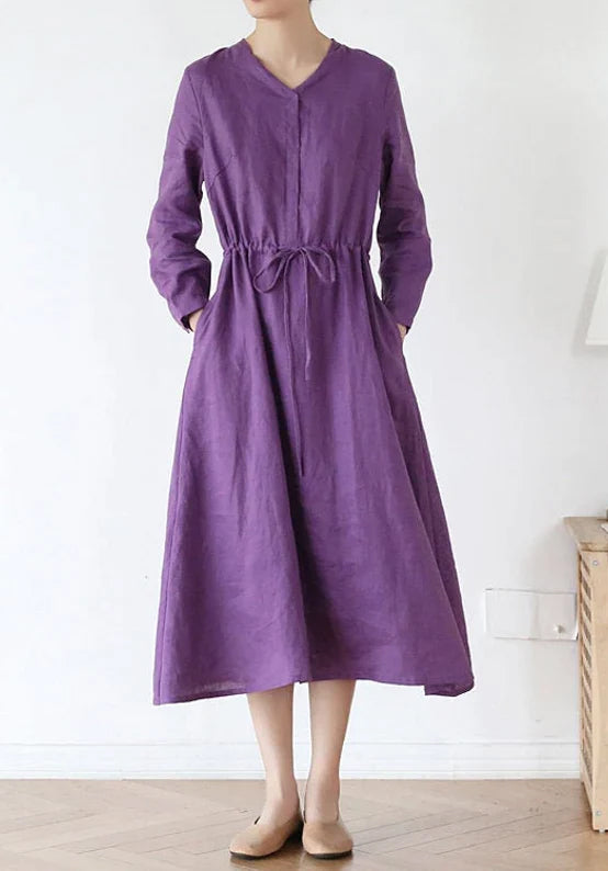 Women's linen maxi dress long sleeves fall dress linen clothing for wo –  OversizeDress