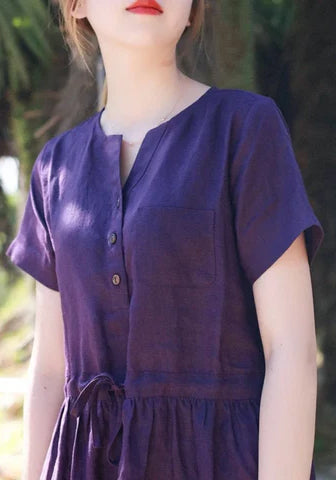 Purple linen dress short Sleeves DressLinen Midi dress loose custom linen dress handmade dress soft casual dress plus size N190