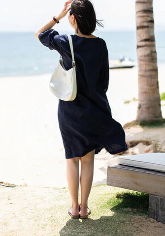 Women's linen half sleeves dress midi dress loose linen oversize dress plus size clothing customized dress N66