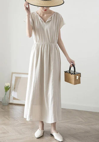 Linen dress for women, Maxi dress , long linen dress, loose dress, pleated dress, v neck dress, plus size linen dress,  N166