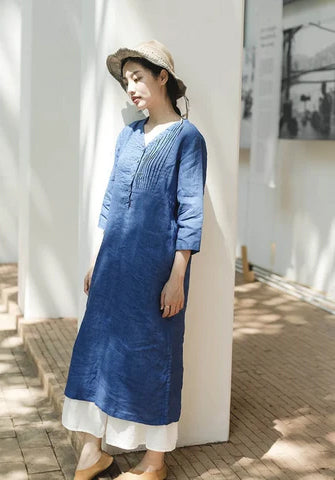 Women linen dress, long sleeves linen maxi dress blue linen long dress loose casual soft oversized linen robes customized plus size N77-1