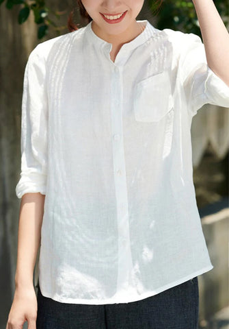 Women's linen tops long sleeved tops casual loose top 100%Linen top with pocket F19