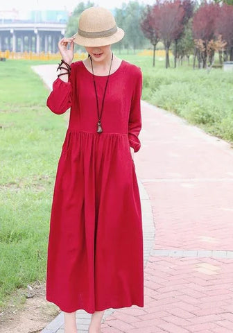 Linen dresses with pockets long sleeve dress plus size clothing F258
