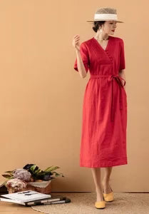 Women Loose Linen Dress Linen dress for women Summer Causal Soft Comfortable Boho Dress with Belt Midi Linen Dress Plus Size Clothing N39
