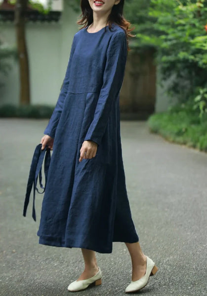 Linen Midi Dress 100% linen A line dress Long Sleeve Dress Loose causal dress linen dress for women Plus size Clothing F17