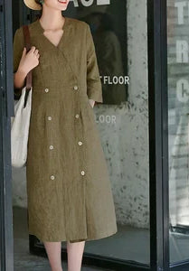 Women midi dress Long Sleeves Linen Dress 100% linen Loose causal dress Soft linen dress for women Plus size Custom clothing F121