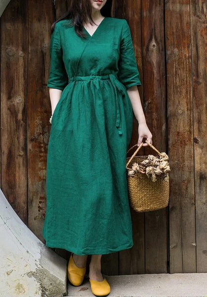 Women Linen Dress Midi Linen Dress Half Sleeve Linen Wrap Dress Loose causal dress Green linen dress for women Plus size Clothing F46