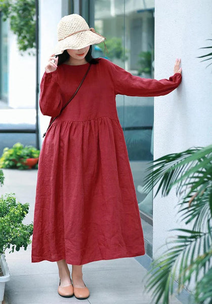 Linen dresses long sleeves dress plus size clothing maxi dress F93