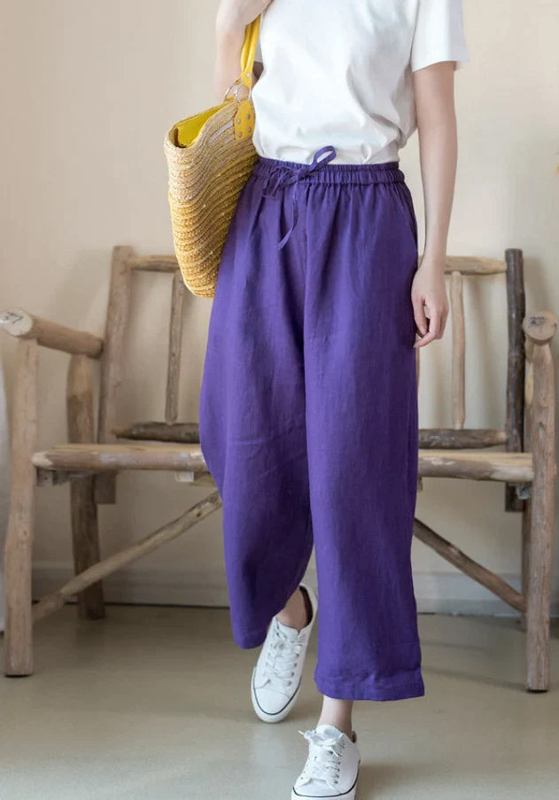 Linen Capri Pants Handcrafted Elastic Waist Trousers -  New
