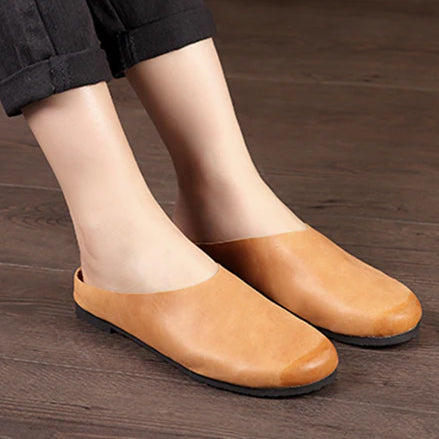 Handmade Leather Slippers Soft Half-totem Women's Flat-bottomed Retro Shoes Sandals S5