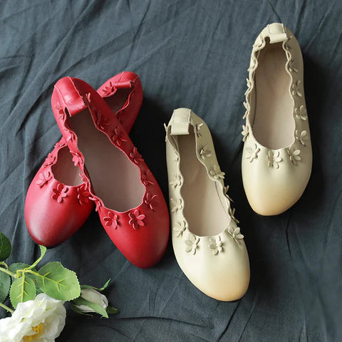 Cowhide  cow tendon bottom women's shoes playful cute small floral round head shallow shoes S36
