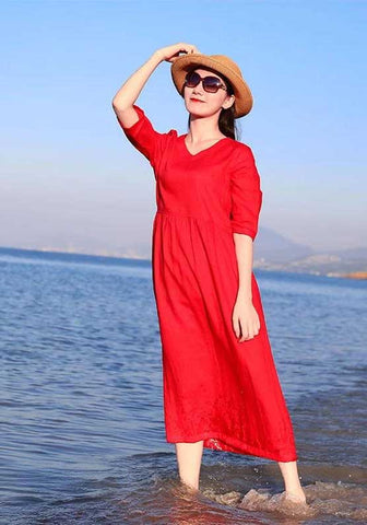 V Neck 100% linen long dress Pleat Dresscasual clothing F125-1