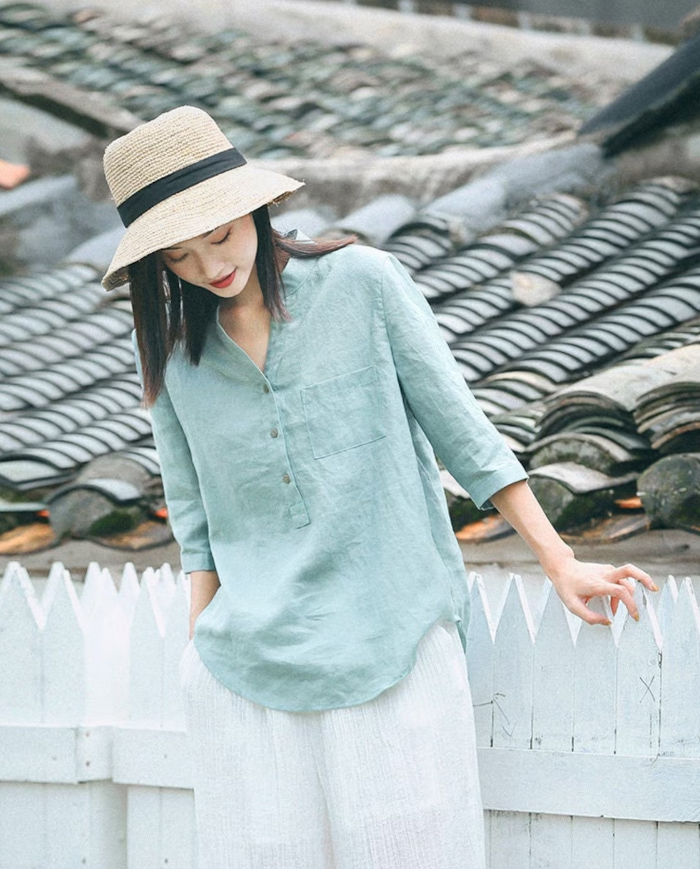 Linen Tops Blouses, Summer shirt, Linen top with 3/4 sleeve, Casual Loose linen tops, Plus size Clothing F115