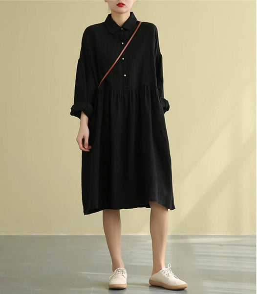 Linen Long Sleeves Midi shirt dress plus size soft fall dress N34