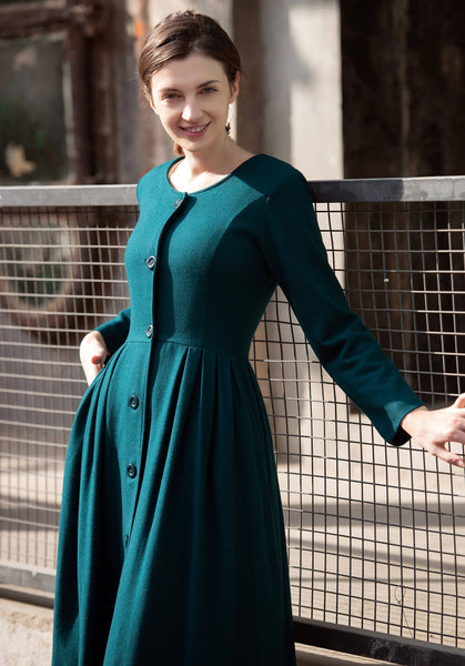 Vintage Style Wool Dress Long Sleeve Maxi Dress with pockets S22