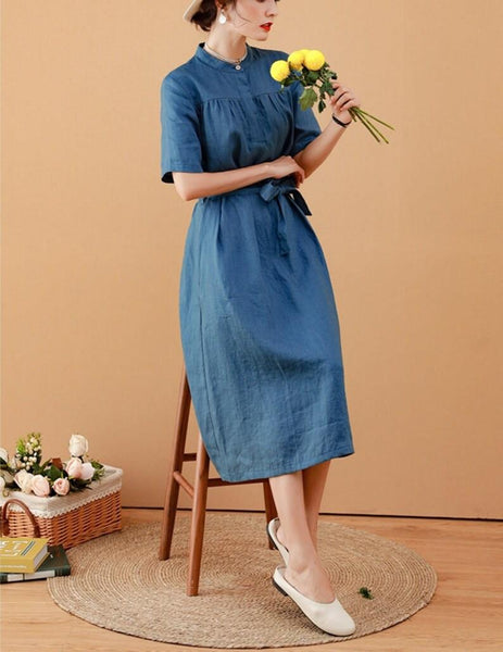 Linen vintage dress 100% linen midi dress A-line dress short sleeve dress F158