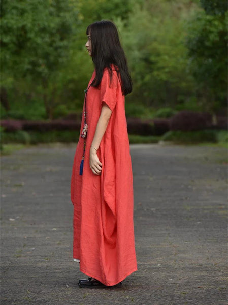 Women Linen dress, short sleeves floor clothing custom F111