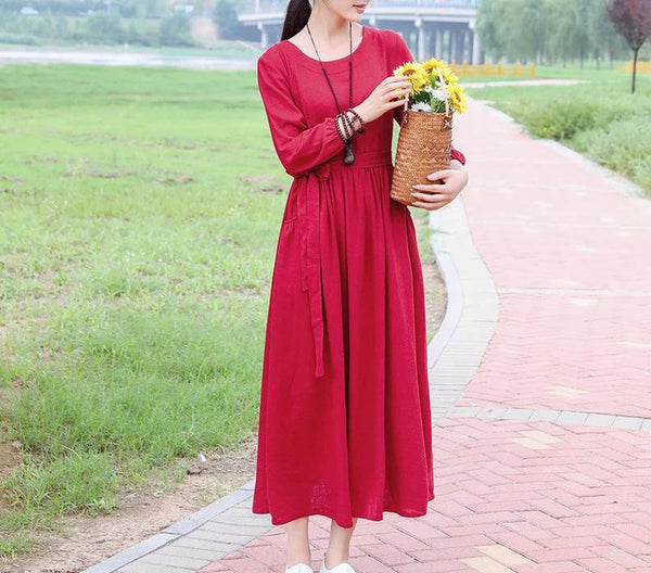 Linen dresses with pockets long sleeve dress plus size clothing F258
