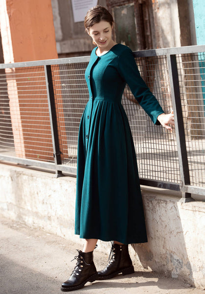 Vintage Style Wool Dress Long Sleeve Maxi Dress with pockets S22