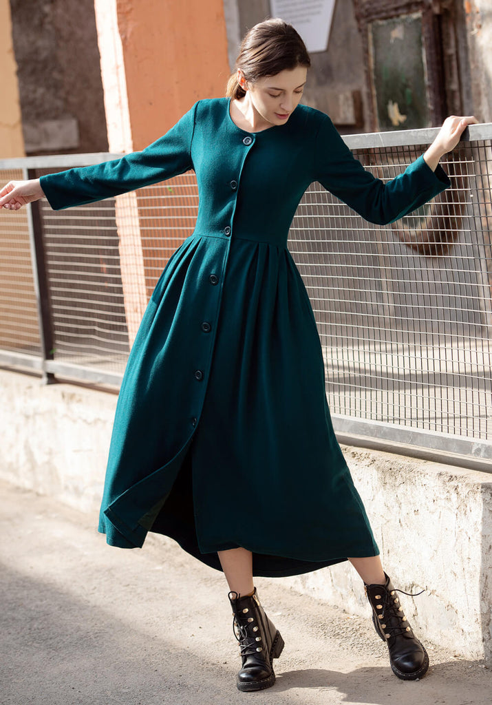 Vintage Style Wool Dress Long Sleeve Maxi Dress with pockets S22