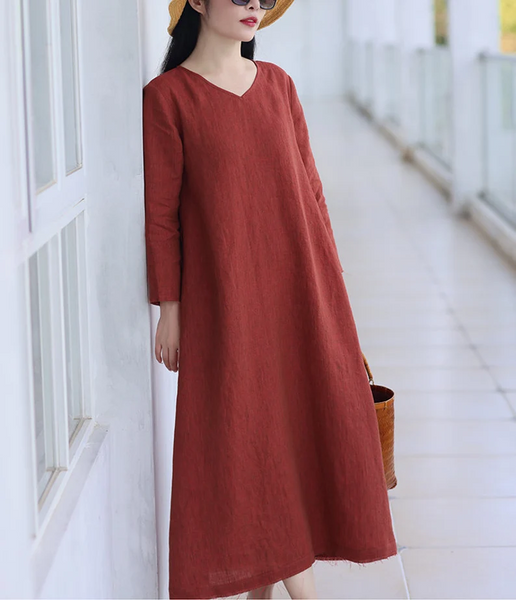Red linen dress, linen maxi dress, long sleeve dresses with pockets, spring fall dress, soft casual dress,custom oversized dress N105-1