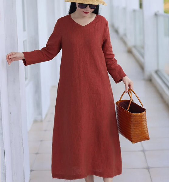 Red linen dress, linen maxi dress, long sleeve dresses with pockets, spring fall dress, soft casual dress,custom oversized dress N105-1