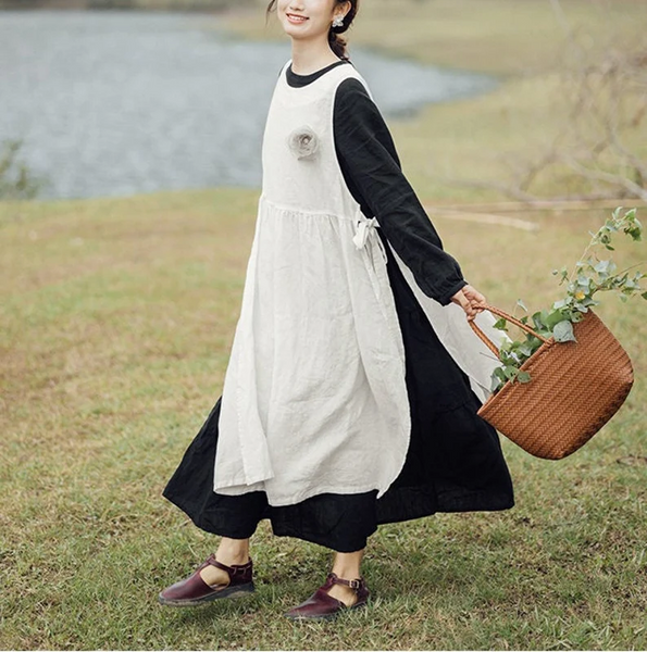 White linen dress, sleeveless linen midi dress, Linen vest dress,oversized long dress, plus size clothing N123
