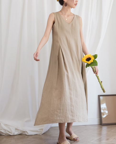 Sleeveless linen dresses, linen maxi dress,oversized dress boho soft casual summer fall dress plus size clothing N168