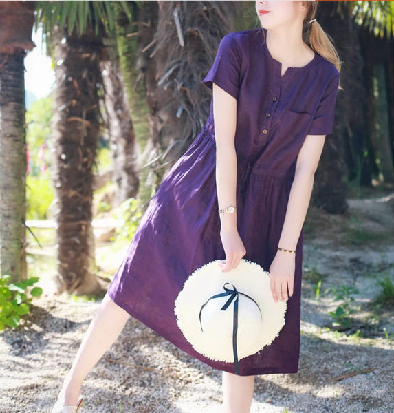 Purple linen dress short Sleeves DressLinen Midi dress loose custom linen dress handmade dress soft casual dress plus size N190