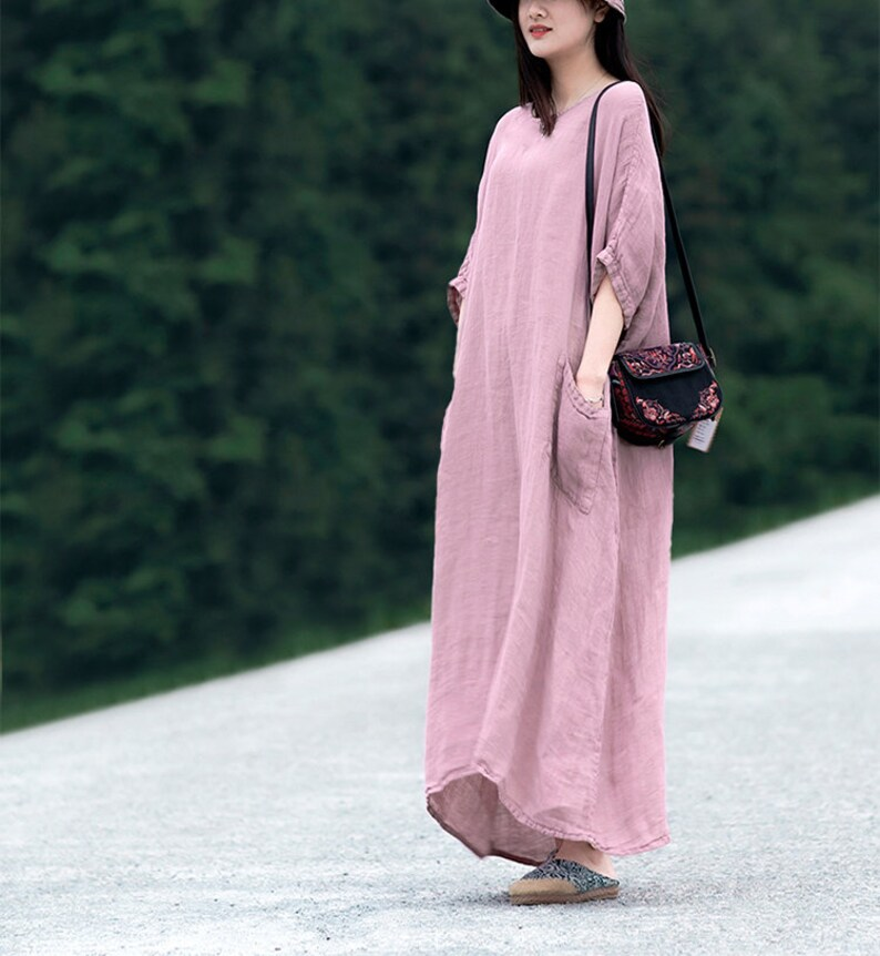 Straight Dress for Women Cotton Linen Short Sleeves Mini Dress with Front  Pockets Winter Comfy Loose V-Neck Solid Color Casual Dress - Walmart.com