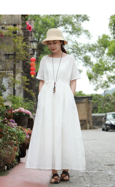 Linen Long Dress Short Sleeves Dress  Linen maxi dress large size linen dress custom handmade dress  N42