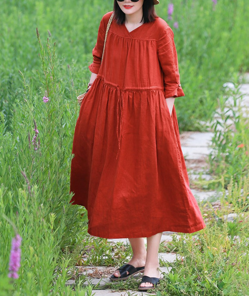 women's linen dress, v neck 3/4 sleeve linen midi dress loose oversized dress boho soft casual plus size clothing N47