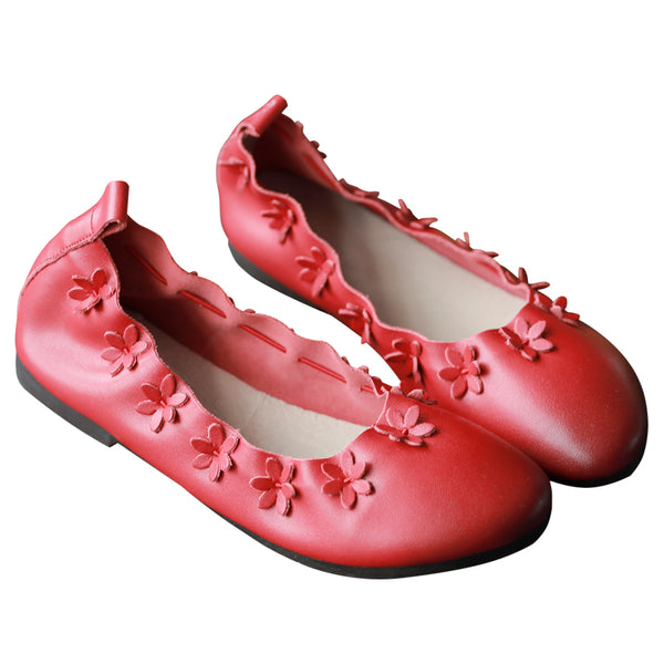 Cowhide  cow tendon bottom women's shoes playful cute small floral round head shallow shoes S36